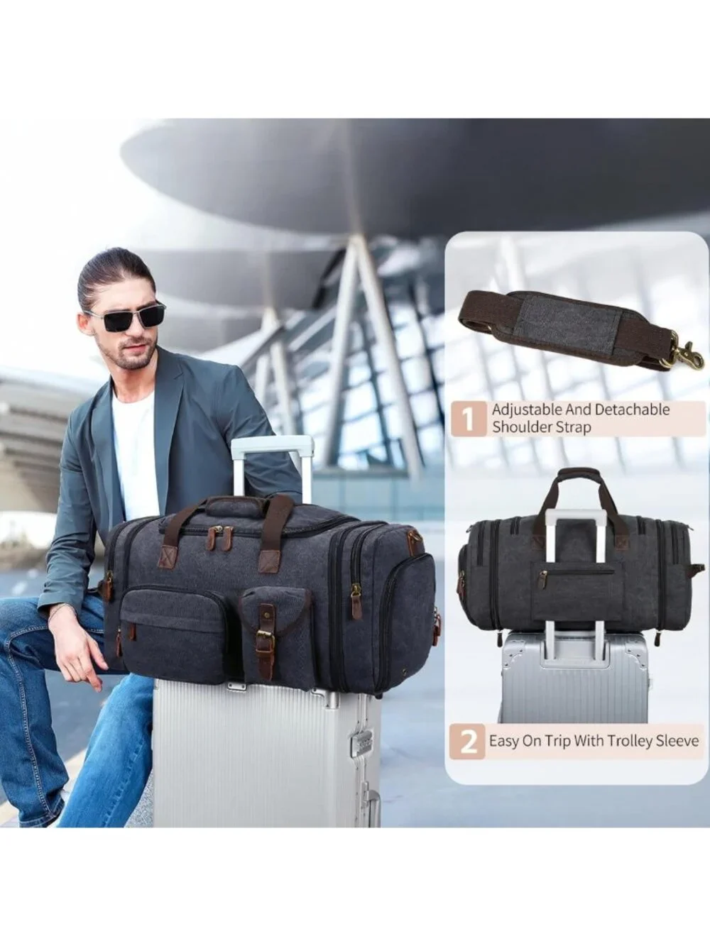 Expandable 60L Men's Duffle Bag for Travel, Weekender, Overnight, Shoe